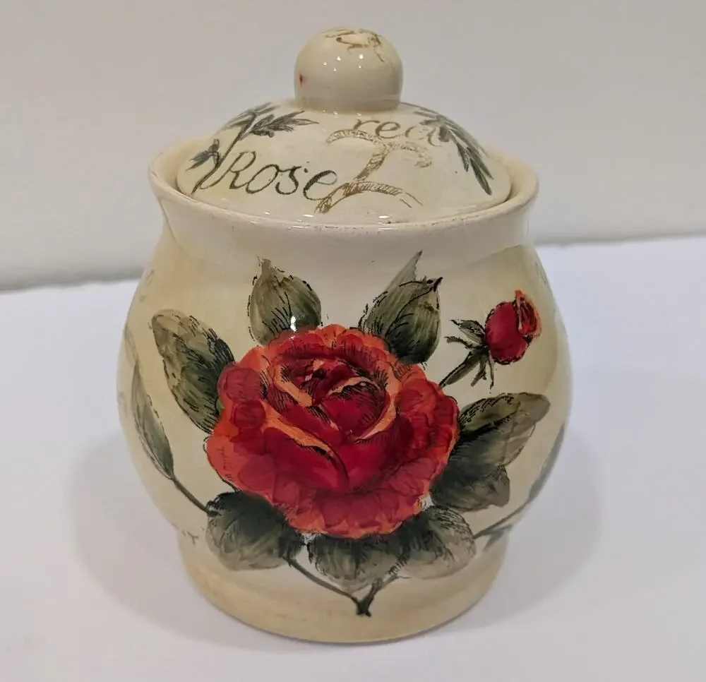 Vintage Ceramic Jam Classic Rose Hand Painted Sugar Bowl with Lid Country Floral